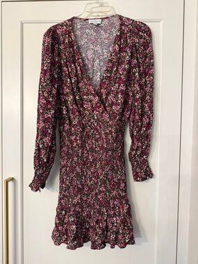 Lucy Paris Black Floral Long-Sleeve Smocked Mini Dress with Pink & Cream Flowers